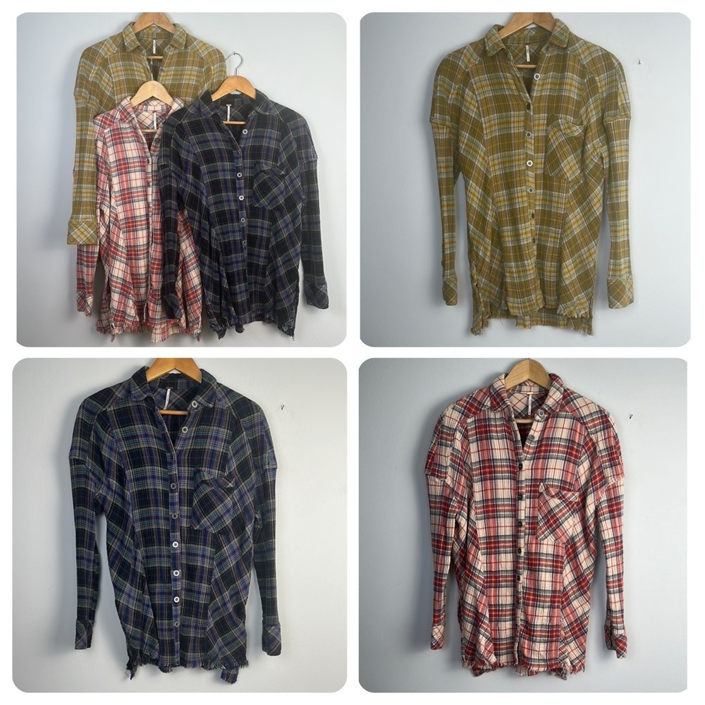 Free People Bundle Juniper Ridge Plaid Cotton Shirt Shacket Raw Hem Relaxed Fit